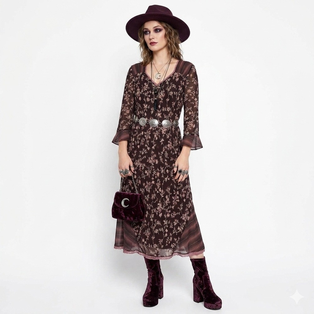 Vintage 90s J.Jill Whimsigoth Prairie Cottage Midi Dress Brown Floral 14